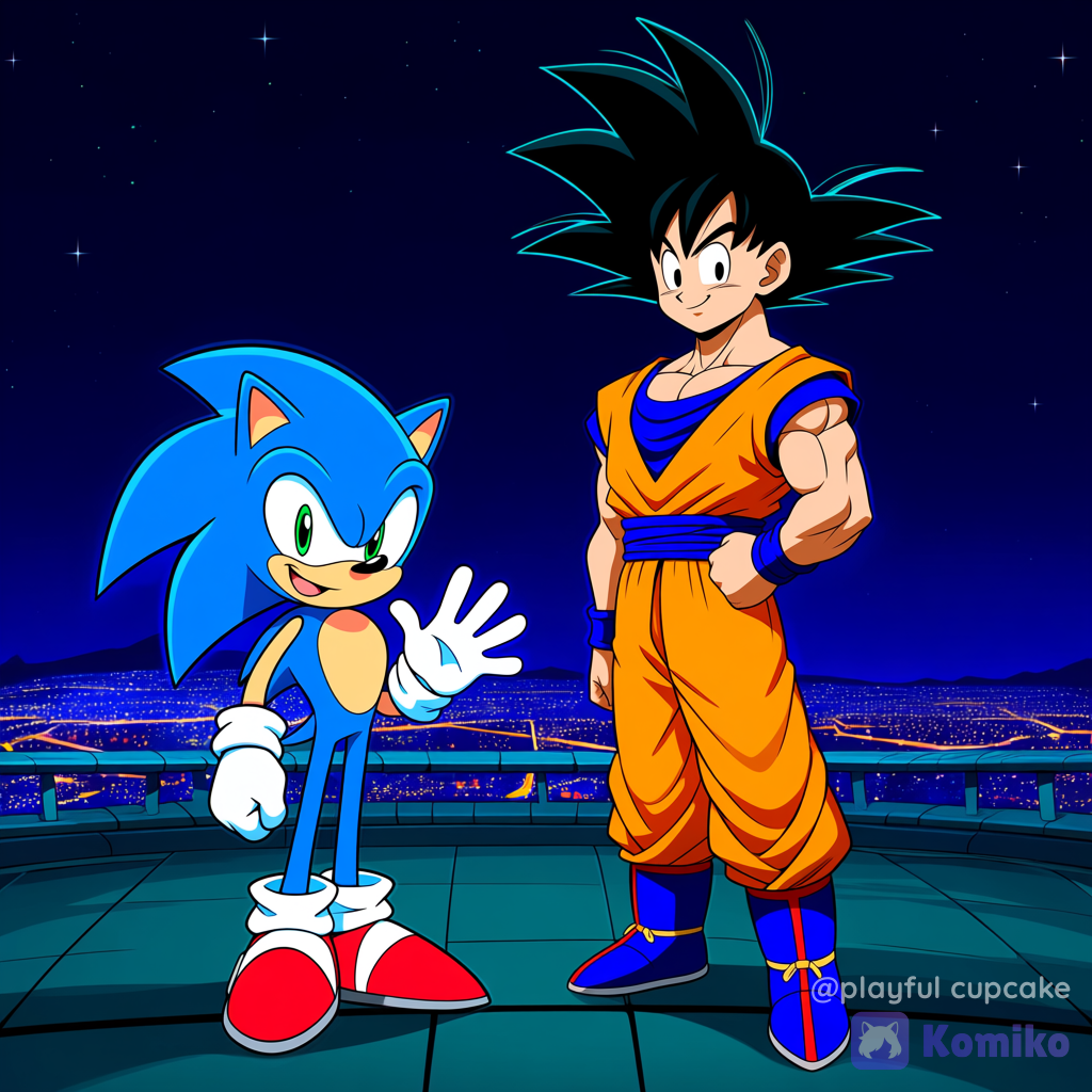 @Sonic_The_Hedgehog, @Son_Goku, 2people, smile, open mouth, portrait, waving, full body, night, city lights, starry sky, crossover, dragon ball, dragon ball z, dragon ball super, dragon ball gt, sonic (series)