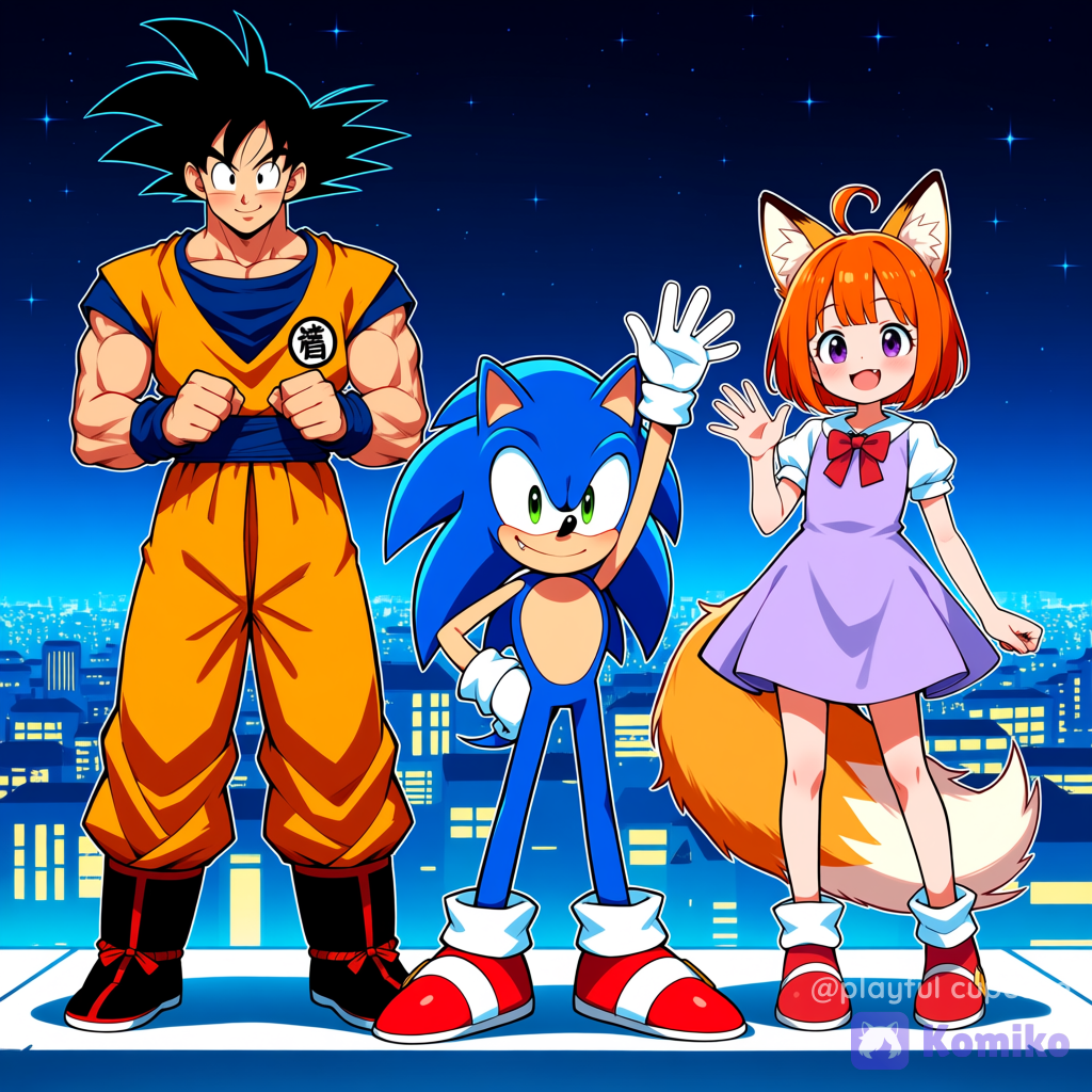 @Sonic_The_Hedgehog, @Son_Goku, @Komiko_Chan, smile, open mouth, portrait, waving, full body, night, city lights, starry sky, crossover, dragon ball, dragon ball z, dragon ball super, dragon ball gt, sonic (series)