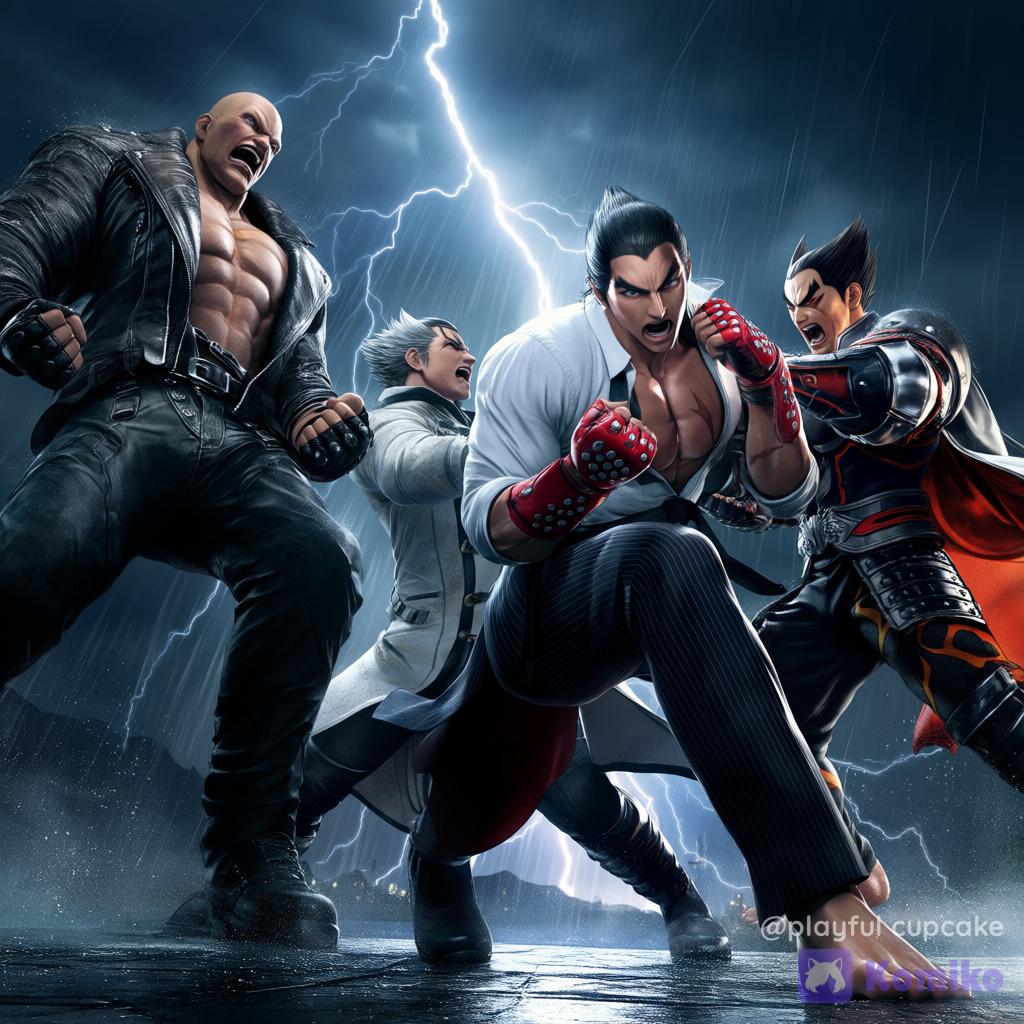 @heihachi-mishima-i1yM, @kazuya-mishima-eHq9, @jin-kazama-fga5, @lars-alexandersson-9JZG, group battle pose, angry, open mouth, ultra-wide shot, from below, stormy sky, rainy, cinematic lighting, night, fighting, tekken, 3d