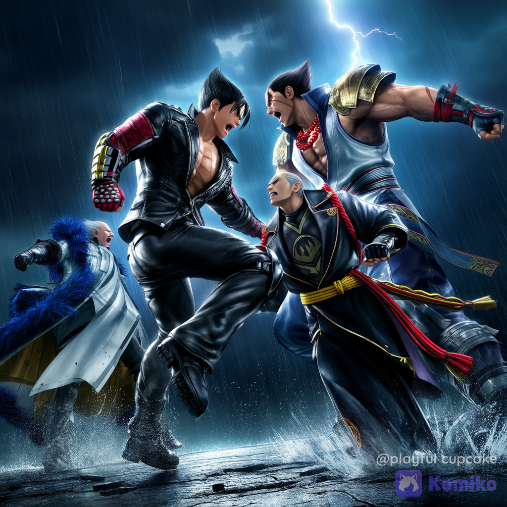 @heihachi-mishima-i1yM, @kazuya-mishima-eHq9, @jin-kazama-fga5, @lars-alexandersson-9JZG, group battle pose, angry, open mouth, ultra-wide shot, from below, stormy sky, rainy, cinematic lighting, night, fighting, tekken, 3d
