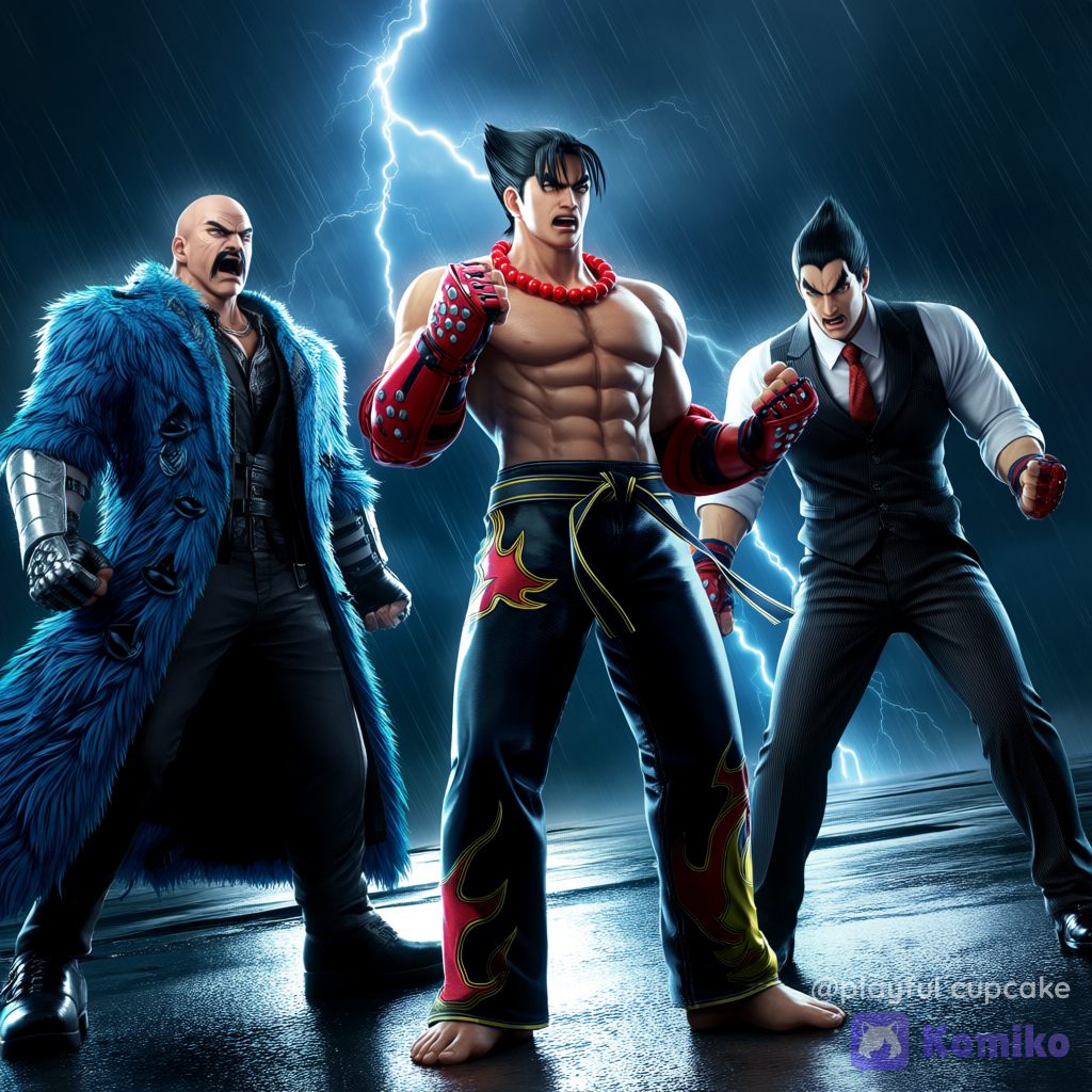 @heihachi-mishima-i1yM, @kazuya-mishima-eHq9, @jin-kazama-fga5, group battle pose, angry, open mouth, ultra-wide shot, from below, stormy sky, rainy, cinematic lighting, night, fighting, tekken, 3d
