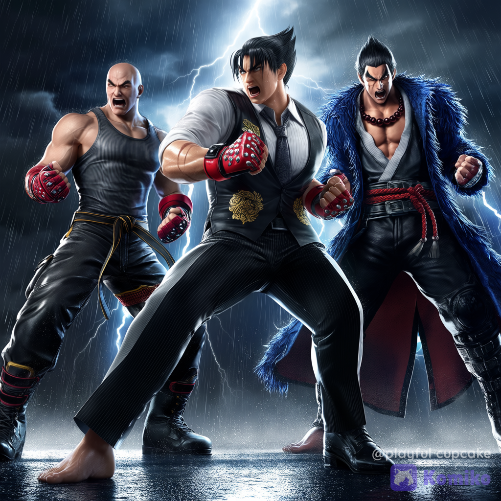 @heihachi-mishima-i1yM, @kazuya-mishima-eHq9, @jin-kazama-fga5, group battle pose, angry, open mouth, ultra-wide shot, from below, stormy sky, rainy, cinematic lighting, night, fighting, tekken, 3d