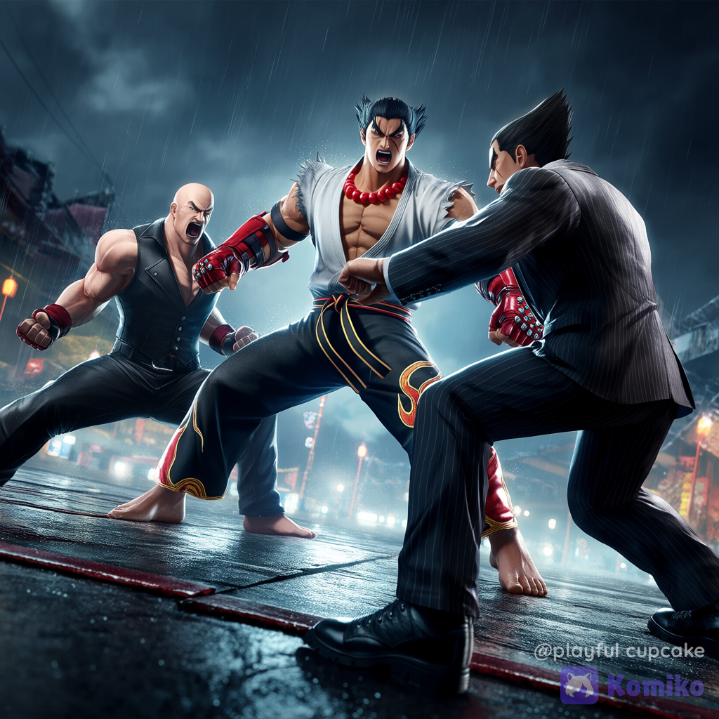 @heihachi-mishima-i1yM, @kazuya-mishima-eHq9, @jin-kazama-fga5, group battle pose, angry, open mouth, ultra-wide shot, from below, stormy sky, rainy, cinematic lighting, night, fighting, tekken, 3d