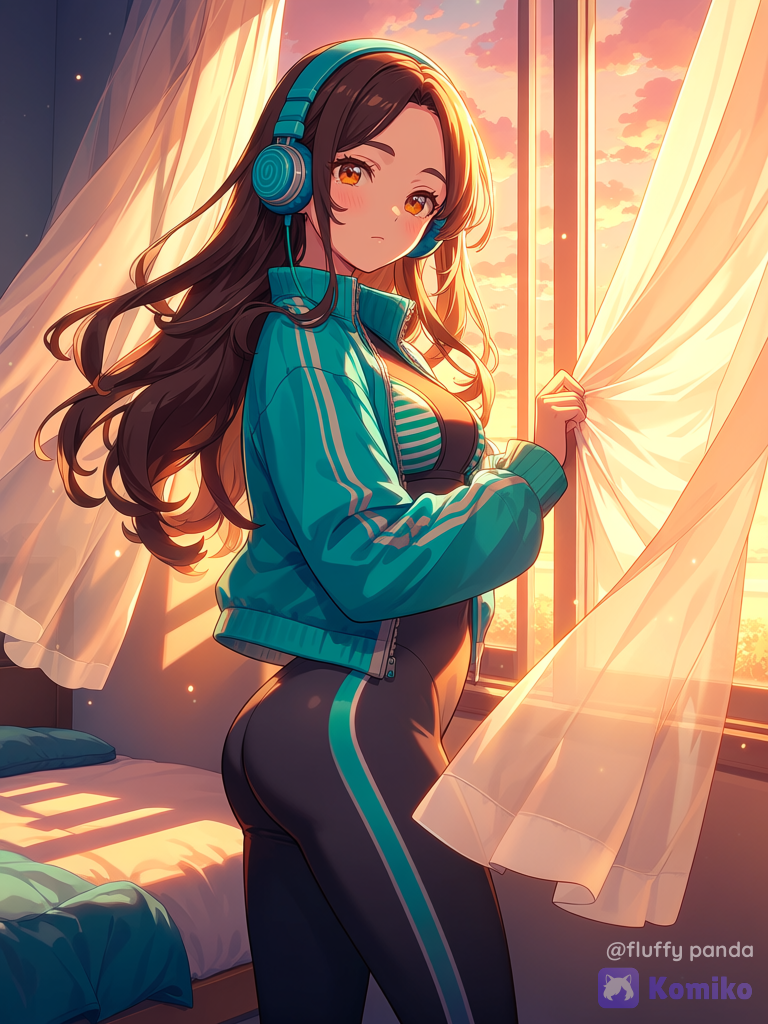 @luisa-EgoC anime style illustration. An oversized loose-fitting light teal track jacket, unzipped, worn over a striped green and white bikini blue socks.Lighting & Shadows: Moody aesthetic, dramatic golden hour sunset light streaming through a large window, strong blinds shadow play casting sharp diagonal striped shadows across the room and the jacket, intense cinematic light contrast, soft lens flare, warm golden and orange glow contrasting with cool blue shadows.Environment & Background: Cozy bedroom interior, standing next to a large window with white translucent tulle curtains gently blowing in the wind, a serene sunset view outside with pink and golden clouds, cinematic composition, emotional atmosphere, highly backgrounds.Art Style & Finish: Lo-fi anime aesthetic, soft digital painting style, delicate details, 8k resolution, award-winning illustration, nostalgic and melancholic mood, you can change details., [iridescent-style, [dark-lolita-style]