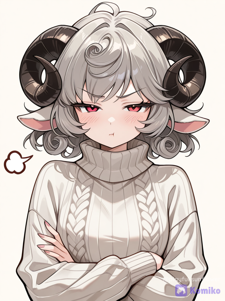 1girl, sheep demihuman, horns, sassy, annoyed expression, curly gray hair, turtleneck sweater