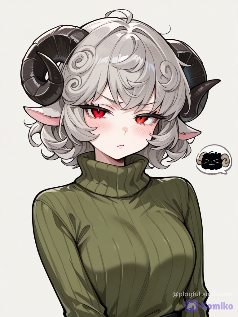 1girl, sheep demihuman, horns, sassy, annoyed expression, curly gray hair, turtleneck sweater