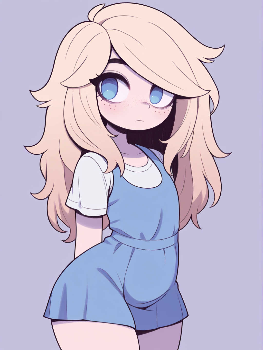 [pop-toon-style], 1girl, child, curvy, purple eyes, freckles, tall, blonde hair, long hair, blue eyes