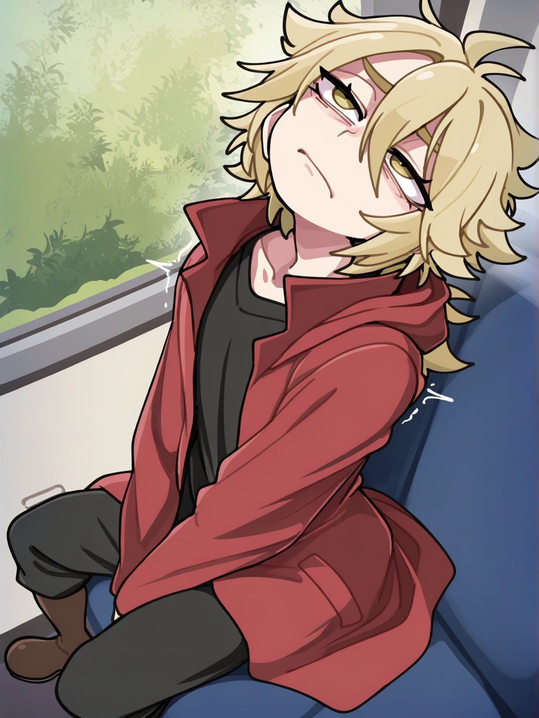 [clean-lines-style], A short male highschool student, with long blonde hair ending just below the shoulders, has dark yellow eyes. Wearing a red coat, a black shirt beneath, black pants and brown boots. With an extremely annoyed expression, eye twitching. Looking up to the camera in a close up shot. No eye shine. Sitting inside a bus inside a forest.