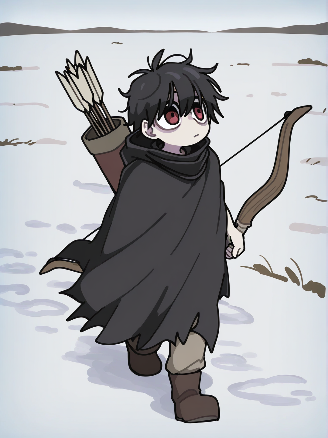 [clean-lines-style], A young man with long black messy hair, and ghost pale skin and dark red eyes hidden by shadows from his hair. Wearing leather armor and a black cloak, a huge metal great bow and quiver on his back as he walks through a tundra, snow falling down. Expression blank, smoke on the horizon.