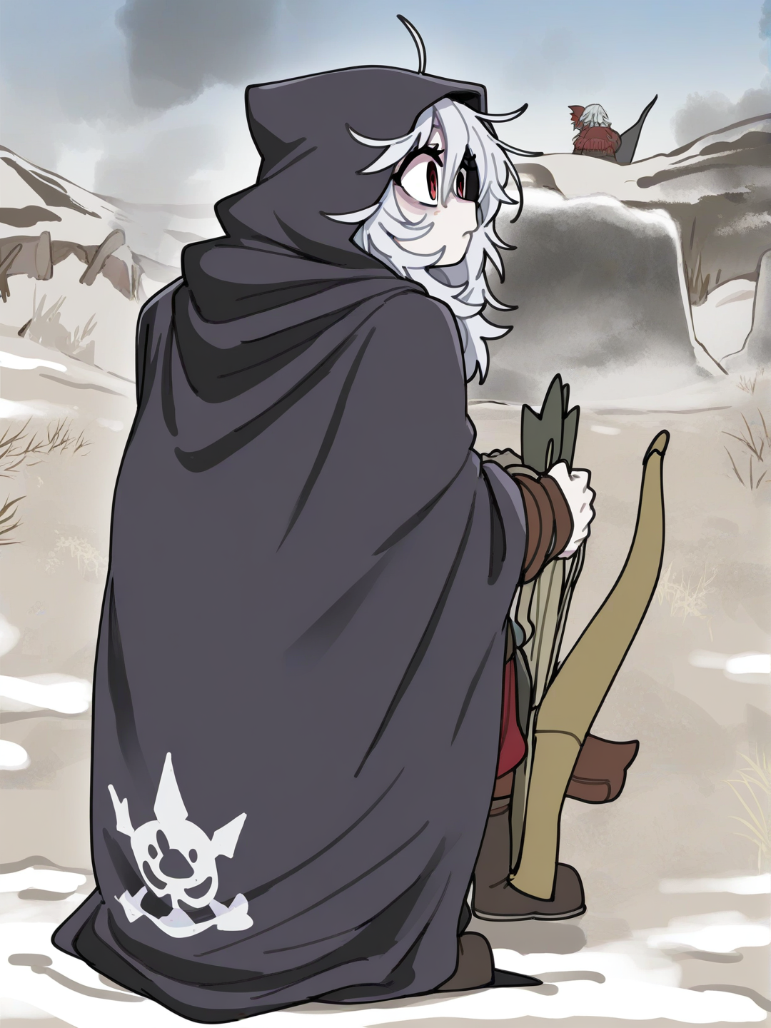 [clean-lines-style], A young man with long black messy hair, and ghost pale skin and dark red eyes hidden by shadows from his hair. Wearing leather armor and a black cloak, a huge metal great bow and quiver on his back as he walks through a tundra, snow falling down. Expression blank, smoke on the horizon.