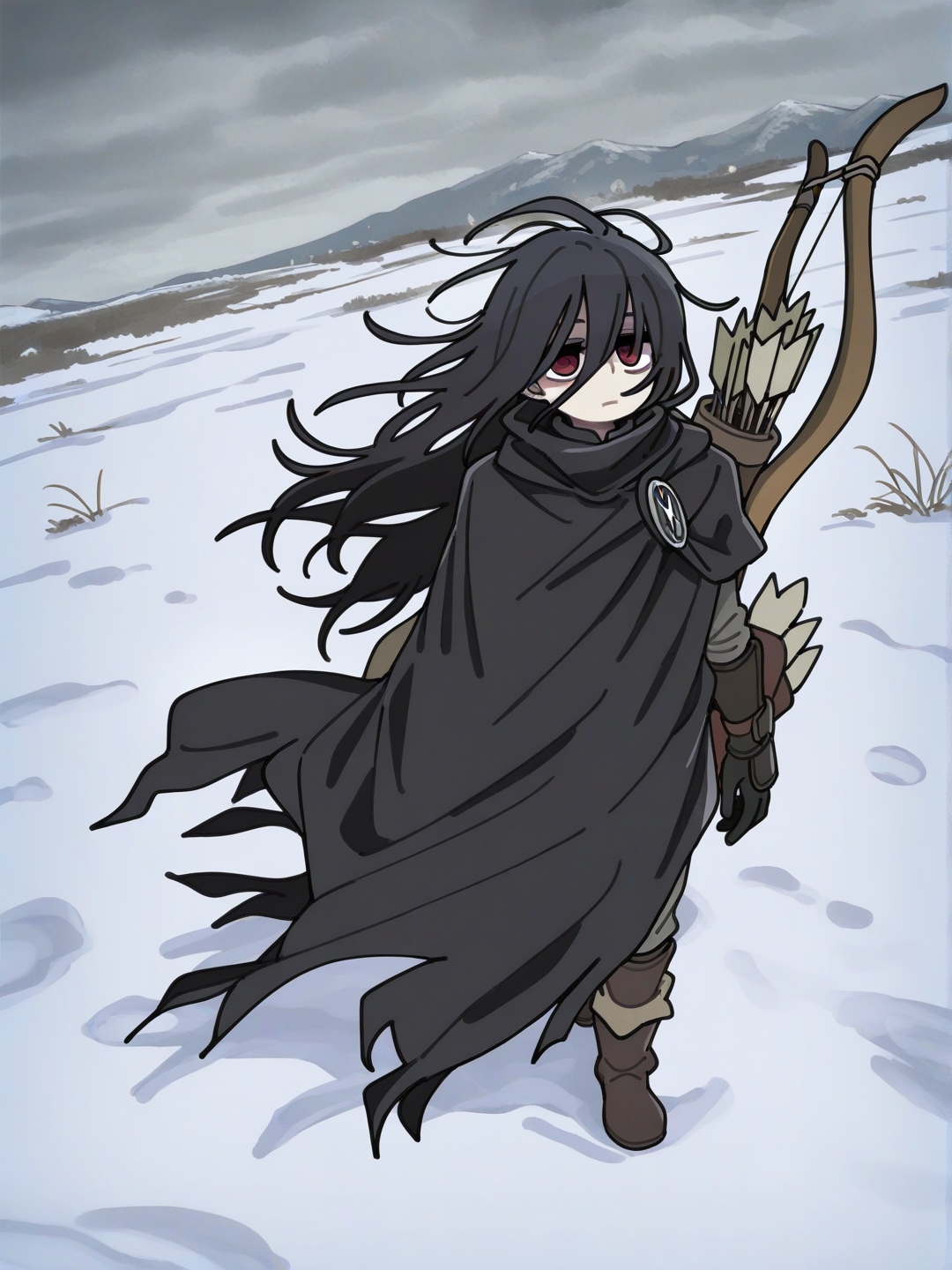 [clean-lines-style], A young man with long black messy hair, and ghost pale skin and dark red eyes hidden by shadows from his hair. Wearing leather armor and a black cloak, a huge metal great bow and quiver on his back as he walks through a tundra, snow falling down. Expression blank, smoke on the horizon.